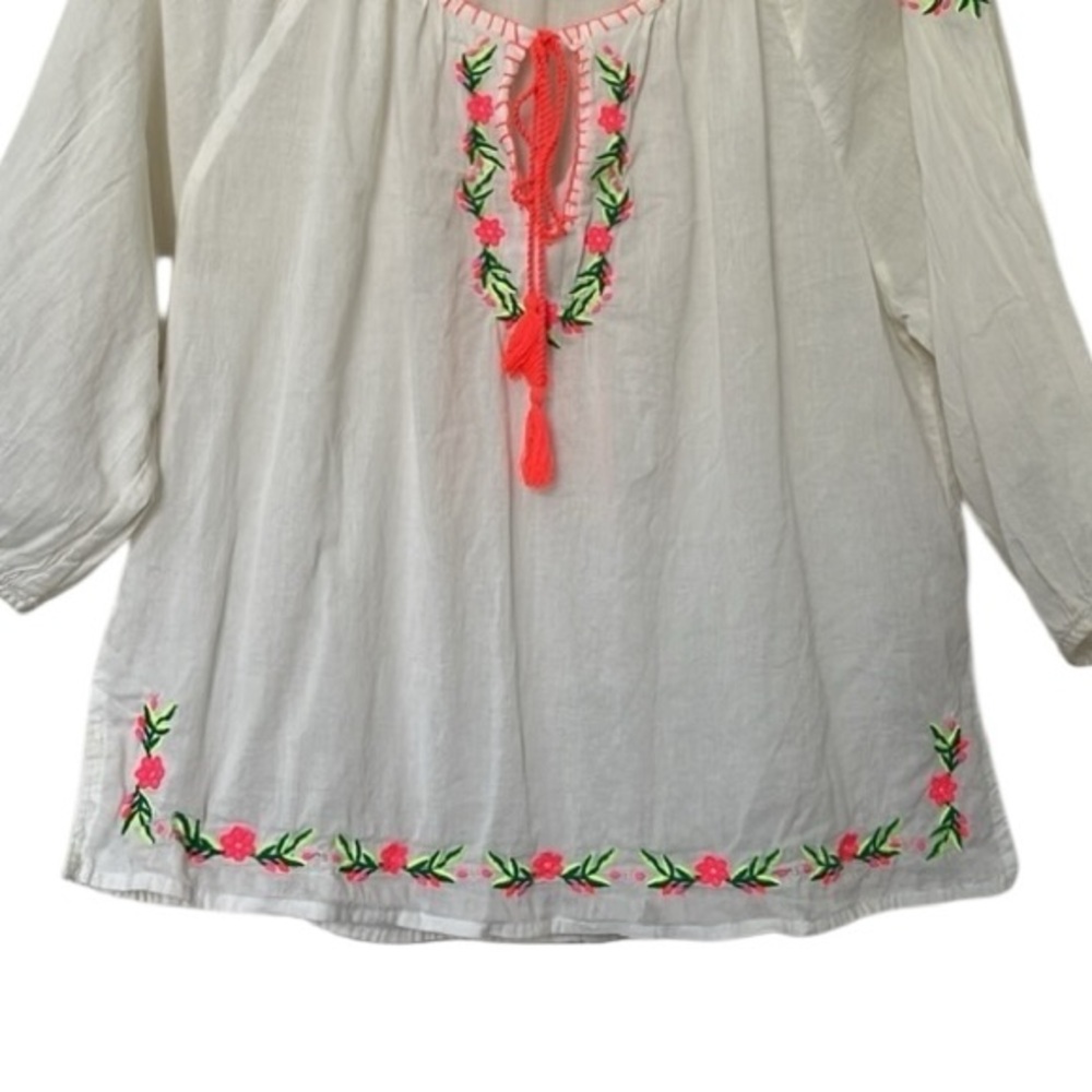 Peasant Bohemian Voile Sheer Cotton Embroidered Top Retro 70s Beachy Festival - Picture 9 of 12
